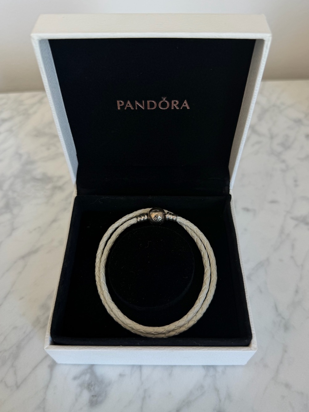 Pandora White Double Wrap Leather Bracelet Sterling Silver S925